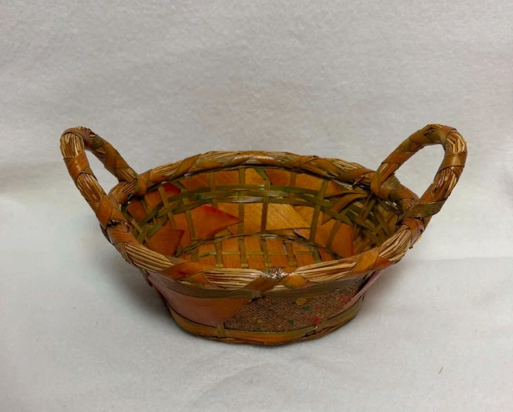 Vintage Woven Wicker Oval Basket With Handles Boho Farmhouse Country Decor